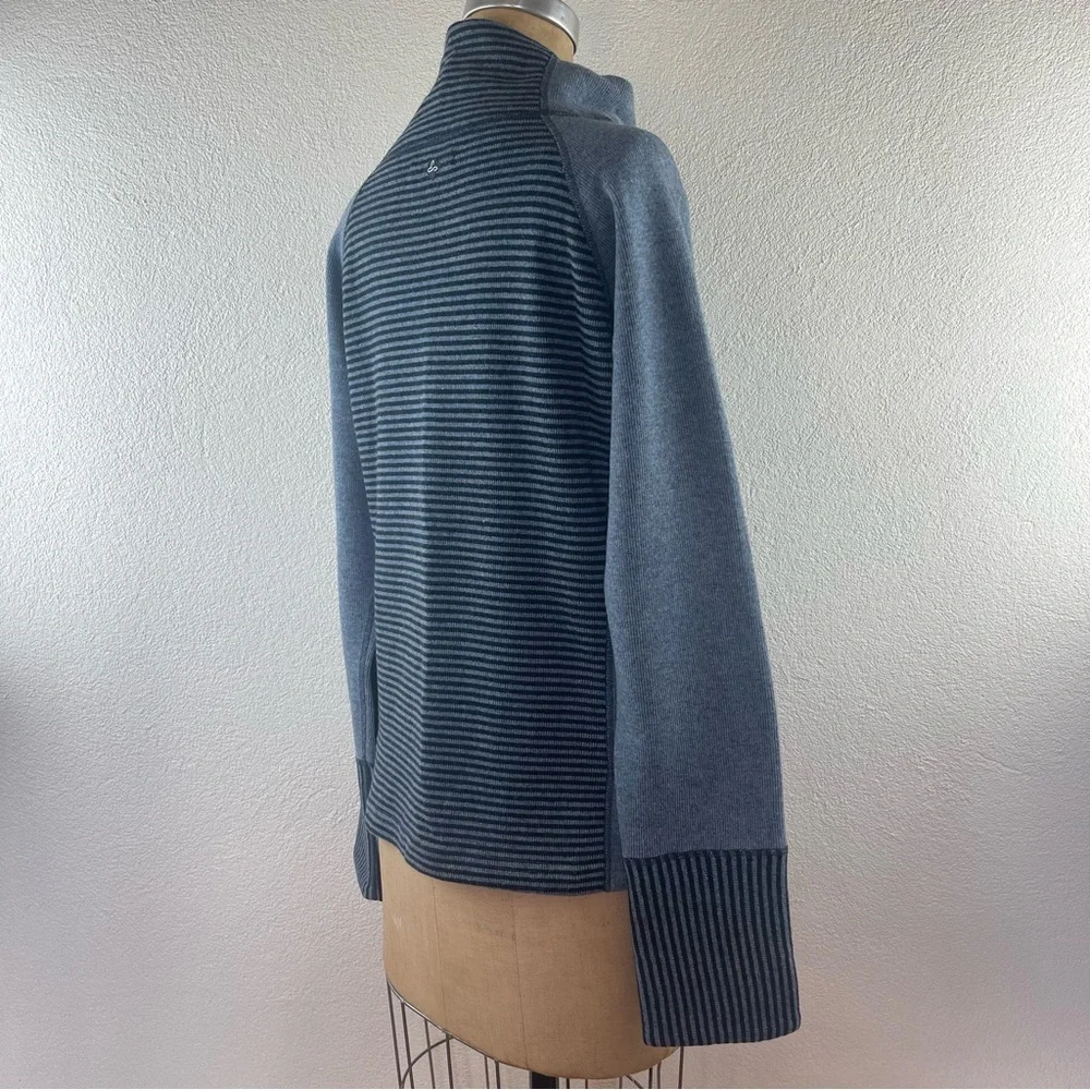 PrAna l M Lucia Wool Blend Funnel Neck Stripe Wood Buttons Knit Pullover Sweater